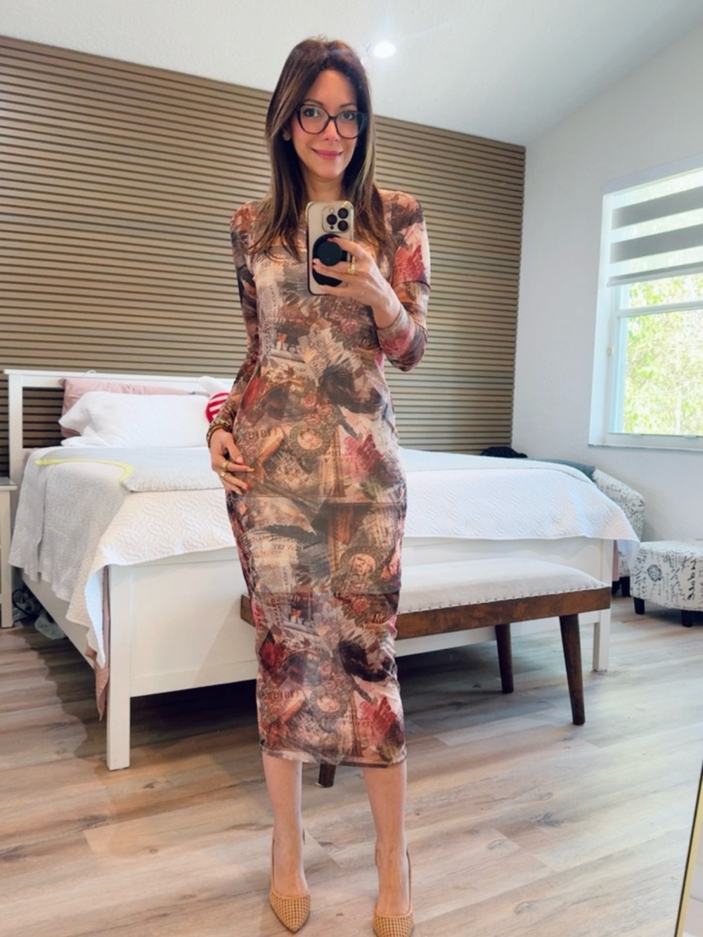 Almost Famous Brown & Pink Printed Long-Sleeve Midi Dress